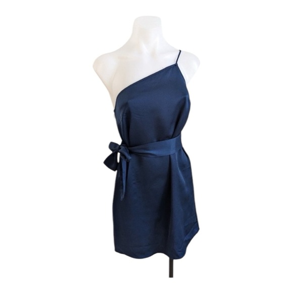 Marissa Webb One Shoulder Tie Mini Dress in Navy Blue Satin Size 4 - Picture 6 of 11